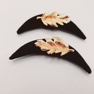 Vintage Gold Tone Leaf & Black Cloth Shoe Clips – Rhinestone Accents – 2.5"